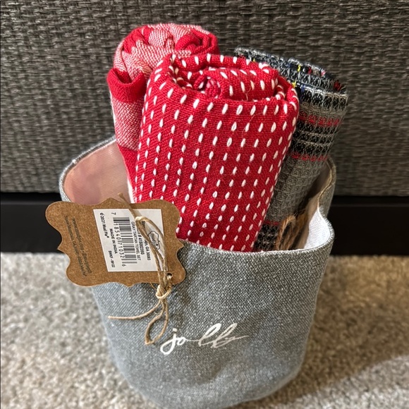 Mud Pie Gray Fabric Basket with Red and Gray Towels - Picture 3 of 4